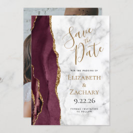 Foto Agate Burgundy Gold Marble Save the Date Kaart