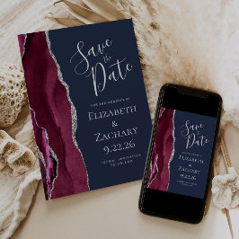 Foto Agate Burgundy Silver Navy Save the Date Kaart