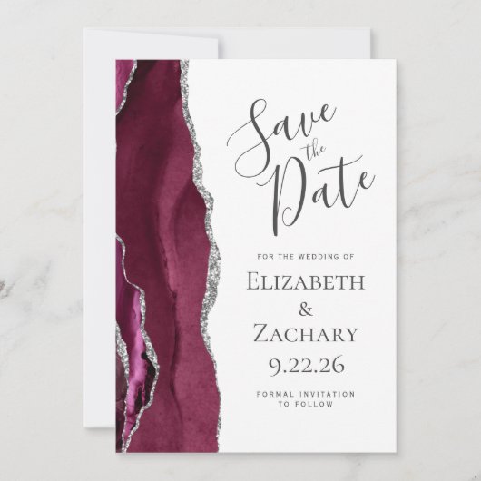 Foto Agate Burgundy Silver Save the Date Kaart (Voorkant)