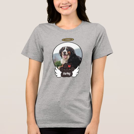 Foto Angel Wings Paw Naam hond Memorial toevoegen Tri-Blend Shirt (Voorkant)