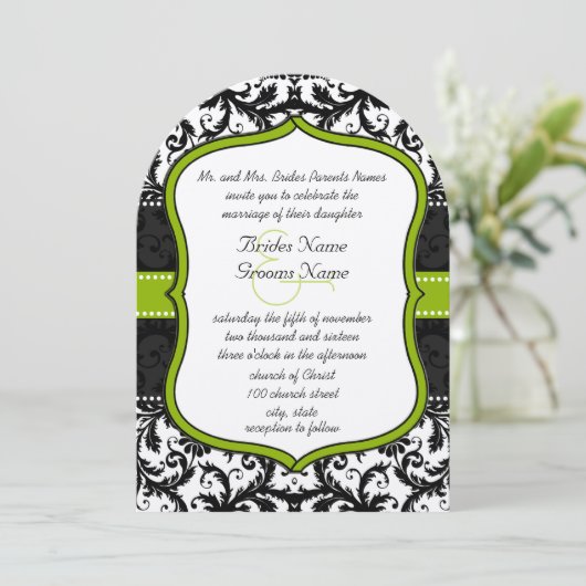 Foto Apple Green Black Damask Wedding Kaart (Staand voorkant)