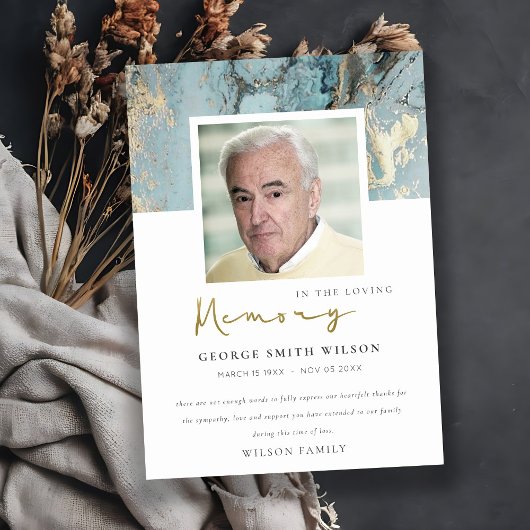 FOTO AQUA DUSKY BLUE GOLD AGATE SYMPATHY MEMORIAL BEDANKKAART