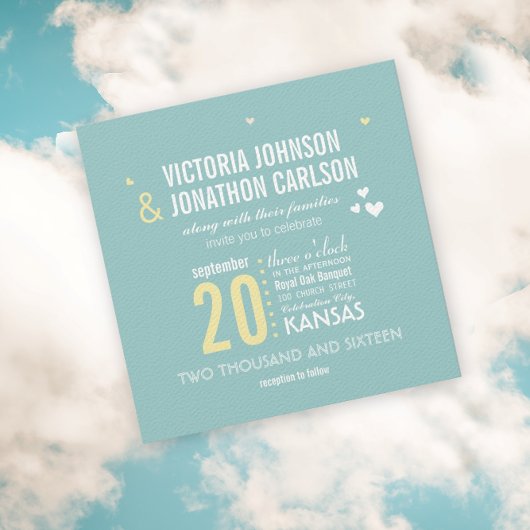 Foto Aqua en Yellow Zig Zag Typography Wedding Kaart