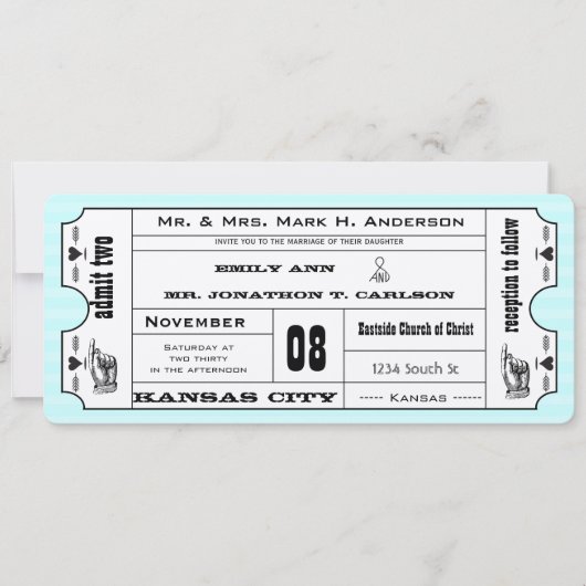 Foto Aqua Modern Typography Ticket Wedding Kaart (Voorkant)