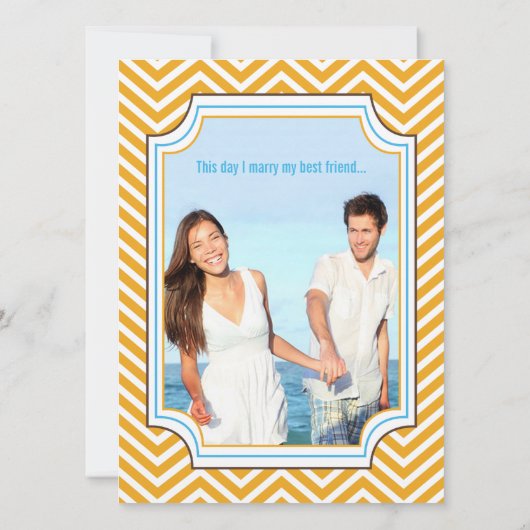 Foto Aqua Yellow Zig Zag Typography Wedding Kaart (Achterkant)