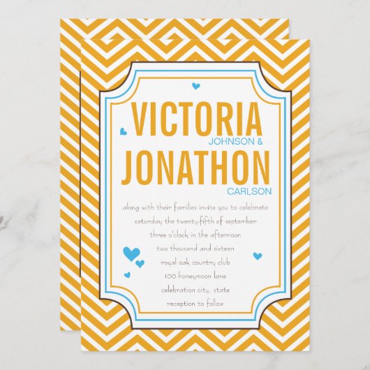 Foto Aqua Yellow Zig Zag Typography Wedding Kaart (Voorkant / Achterkant)