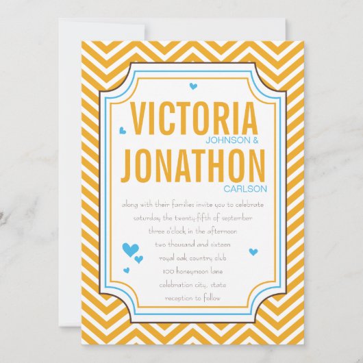 Foto Aqua Yellow Zig Zag Typography Wedding Kaart (Voorkant)