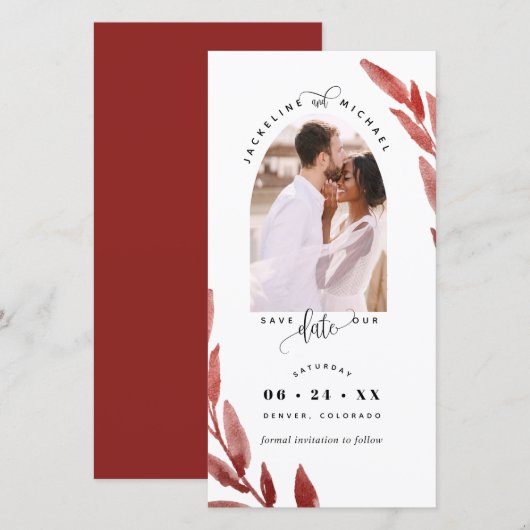 Foto: Arch Burgundy Wedding Save the Date Bladwijz (Voorkant / Achterkant)