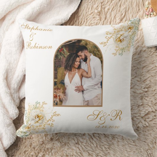 Foto Arch Elegant Goud Bloemen Monogram Bruiloft Kussen (Deken)