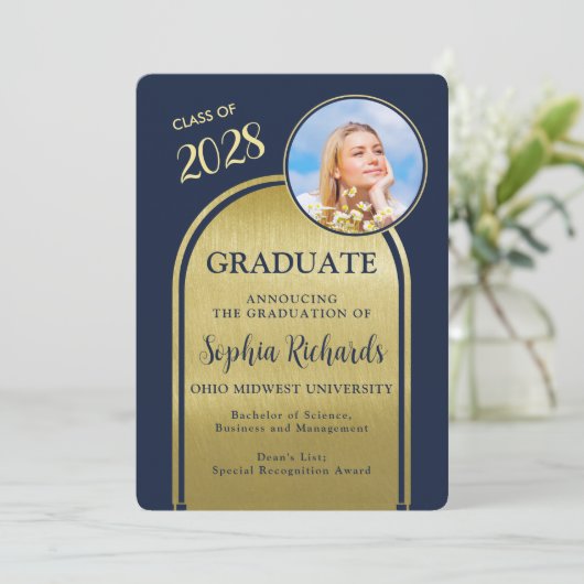 Foto Arch Navy Gold Afstuderen aankondiging (Staand voorkant)