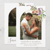 Foto: Arch Trendy Sage Green Boho Flowers Wedding Save The Date (Voorkant / Achterkant)
