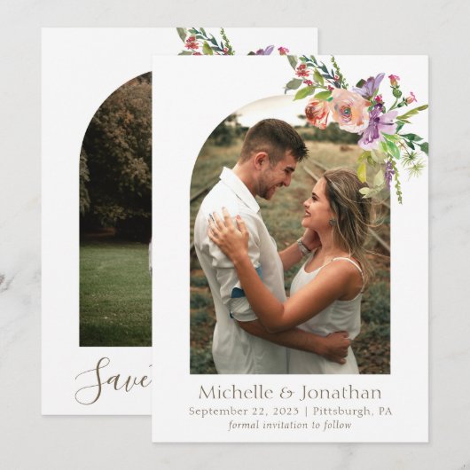 Foto: Arch Trendy Sage Green Boho Flowers Wedding Save The Date (Voorkant / Achterkant)