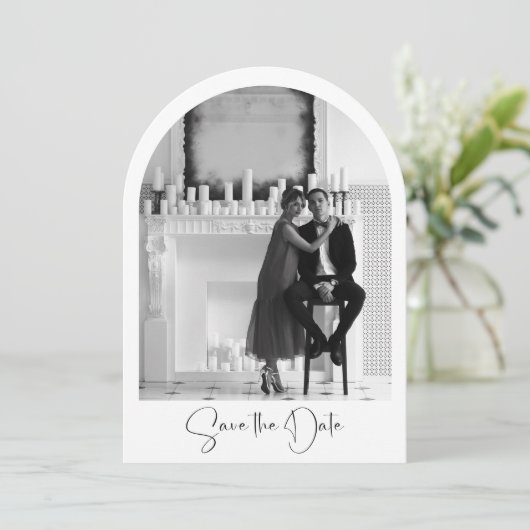 Foto Archief Bewaar De Datum Modern Script Trouwen Kaart (Staand voorkant)