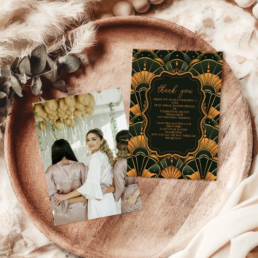 Foto Art Deco Bruids Diamant Goud en Groen Bedankkaart