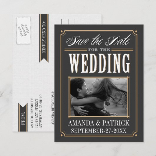 Foto  Art Deco Bruiloft Save The Date Kaarten (Voorkant / Achterkant)