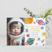 Foto Astronaut Planeten Space Boy 1e Verjaardag Kaart (Staand voorkant)