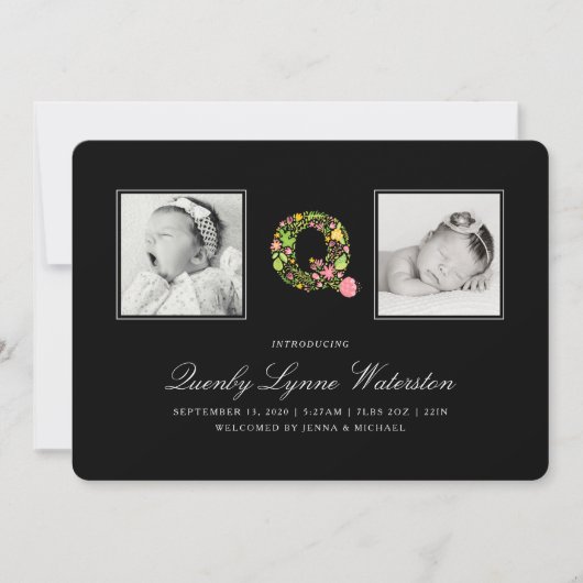 FOTO-BABY AANKONDIGING | Floral Alphabet Q (Voorkant)