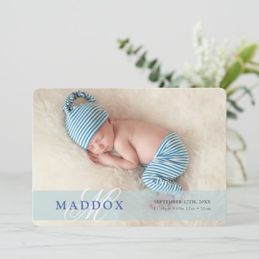 FOTO BABY AANKONDIGING initiaal overlay boy blauw (Staand voorkant)