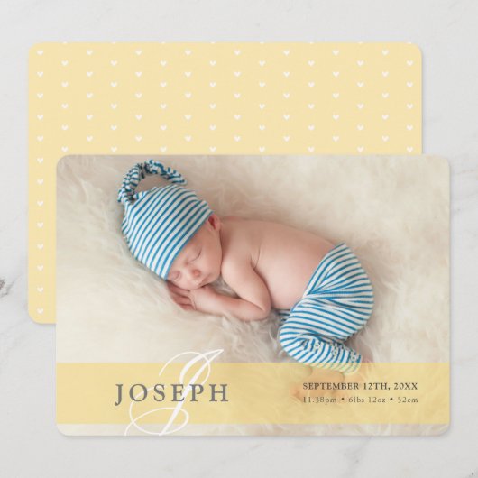 FOTO BABY AANKONDIGING initiaal overlay boy geel (Voorkant / Achterkant)