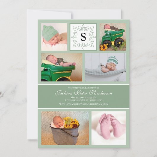 Foto Baby Boy Green Geboorteaankondiging Monogram Aankondiging (Voorkant)