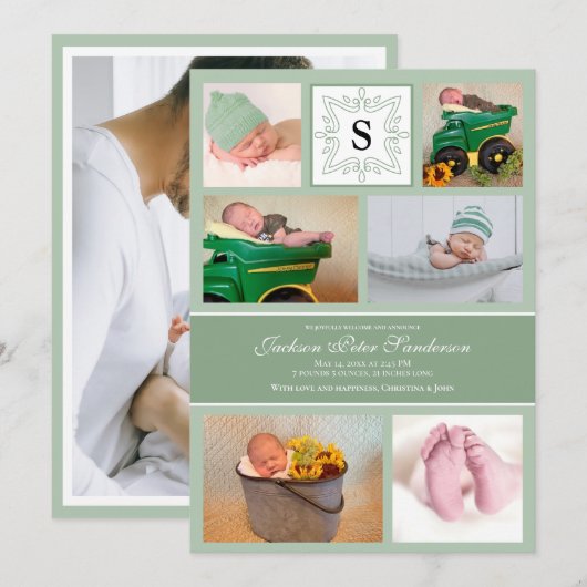 Foto Baby Boy Green Geboorteaankondiging Monogram Aankondiging (Voorkant / Achterkant)