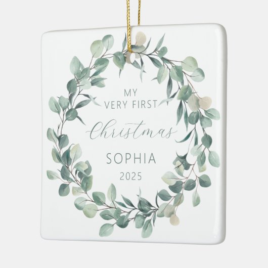 Foto Baby Eerste kerst Eucalyptus krans Keramisch Ornament (Links)