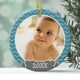 Foto Baby Eerste Kerstmis - blauwe chevrons grijs Metalen Ornament