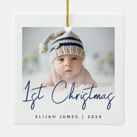 Foto Baby's eerste blauwe kerstmarinescript Keramisch Ornament (Achterkant)