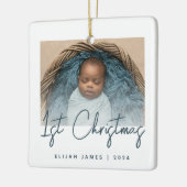 Foto Baby's eerste Blauwgroen kerstscript Keramisch Ornament (Links)