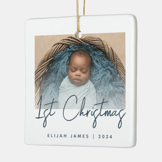 Foto Baby's eerste Blauwgroen kerstscript Keramisch Ornament (Links)