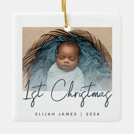 Foto Baby's eerste Blauwgroen kerstscript Keramisch Ornament (Voorkant)