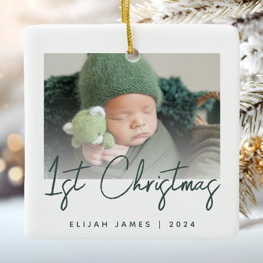 Foto Baby's eerste groene kerstscript Keramisch Ornament