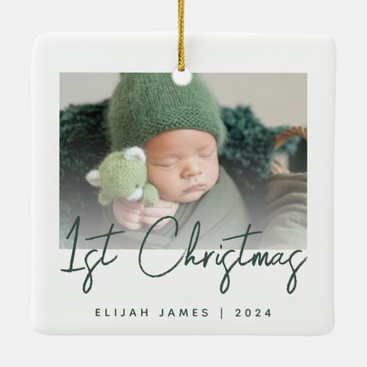 Foto Baby's eerste groene kerstscript Keramisch Ornament (Achterkant)