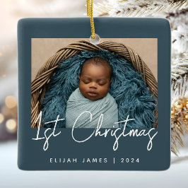 Foto Baby's Eerste Kerst Blauwgroen Blauw Wit Keramisch Ornament