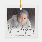 Foto Baby's Eerste Kerst Grijs Script Keramisch Keramisch Ornament (Achterkant)