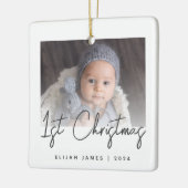 Foto Baby's Eerste Kerst Grijs Script Keramisch Ornament (Links)