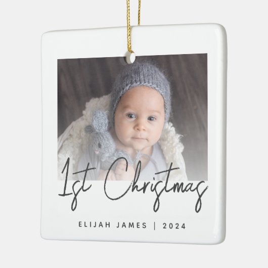 Foto Baby's Eerste Kerst Grijs Script Keramisch Ornament (Links)