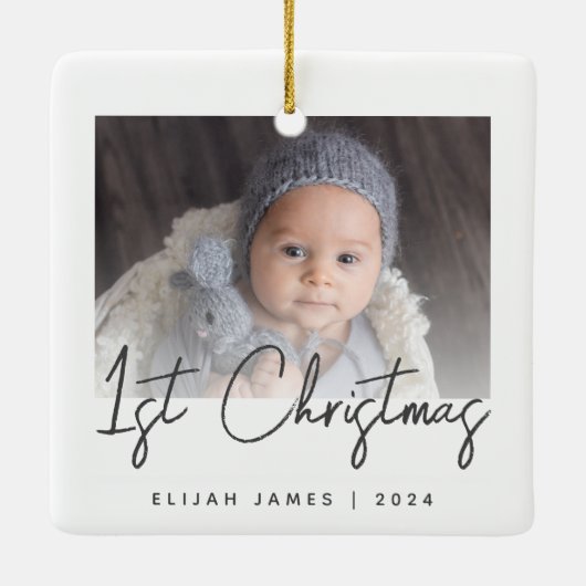 Foto Baby's Eerste Kerst Grijs Script Keramisch Ornament (Achterkant)
