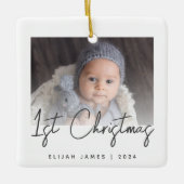 Foto Baby's Eerste Kerst Grijs Script Keramisch Ornament (Voorkant)