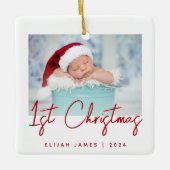 Foto Baby's Eerste Kerst Rode Script Keramiek Keramisch Ornament (Voorkant)