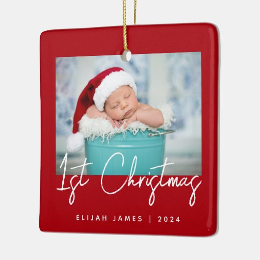 Foto Baby's Eerste Kerst Rood Wit Script Keramisch Ornament (Links)
