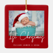 Foto Baby's Eerste Kerst Rood Wit Script Keramisch Ornament (Achterkant)