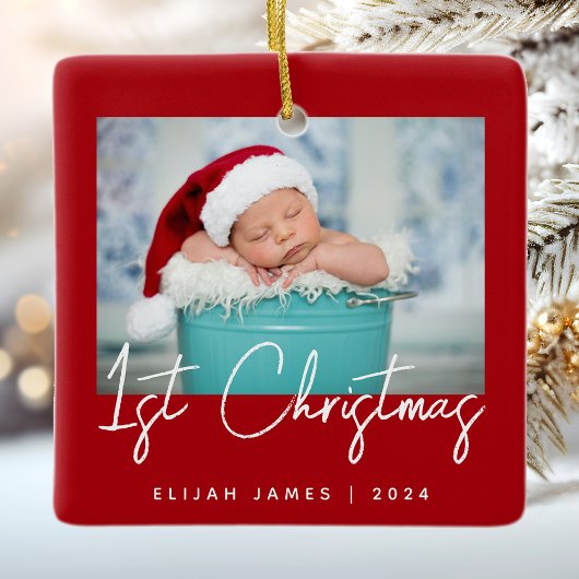 Foto Baby's Eerste Kerst Rood Wit Script Keramisch Ornament