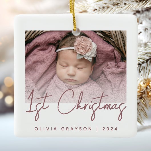 Foto Baby's Eerste Kerst Roos Script Keramiek Keramisch Ornament