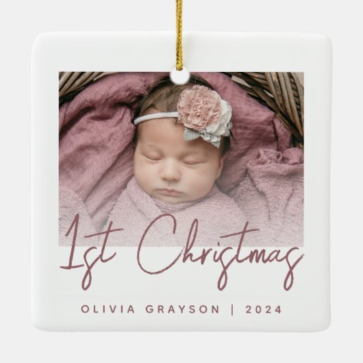 Foto Baby's Eerste Kerst Roos Script Keramisch Keramisch Ornament (Achterkant)