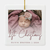 Foto Baby's Eerste Kerst Roos Script Keramisch Ornament (Achterkant)