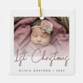 Foto Baby's Eerste Kerst Roos Script Keramisch Ornament (Voorkant)