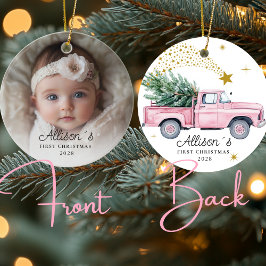 Foto Baby's eerste kerst - Roze vrachtwagen Keramisch Ornament