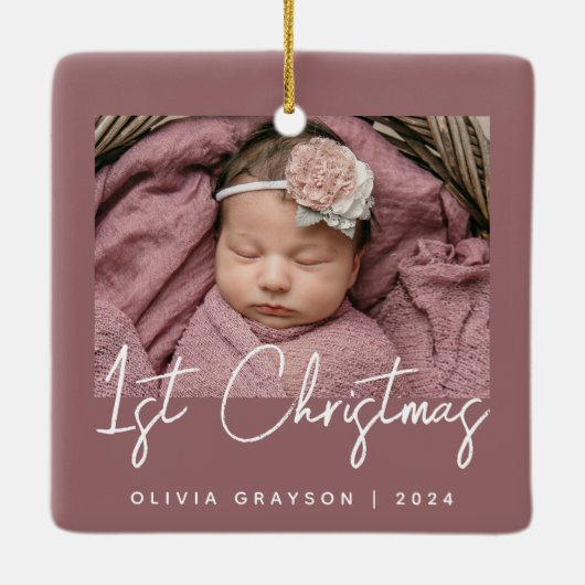 Foto Baby's Eerste Kerst Stoffig Roos Keramiek Keramisch Ornament (Achterkant)