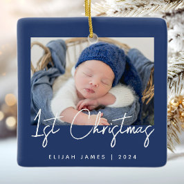 Foto Baby's Eerste Kerstmarineblauw Wit Keramisch Ornament